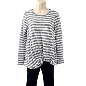 Versona Gray White Stripe Long Sleeve Top Flattering Faux Knot Front Crew Neck